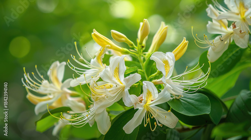 A cluster of white honeysuckle flowers, with stamens dotted with yellow, in a natural environment, photographed with a close-up shot. The background features clear green leaves, and soft sunlight illu