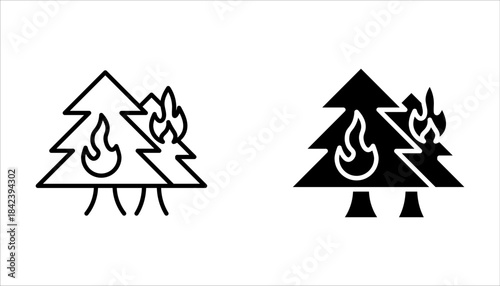 Forest fire line icon set. Wildfire symbol. Editable stroke on white background