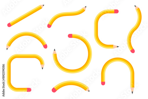 Pencils in different shapes. Curved stylized pencil set. School playful design elements. Ideal for notebooks, diaries, children’s graphics, education themes and stationery design. Vector illustration