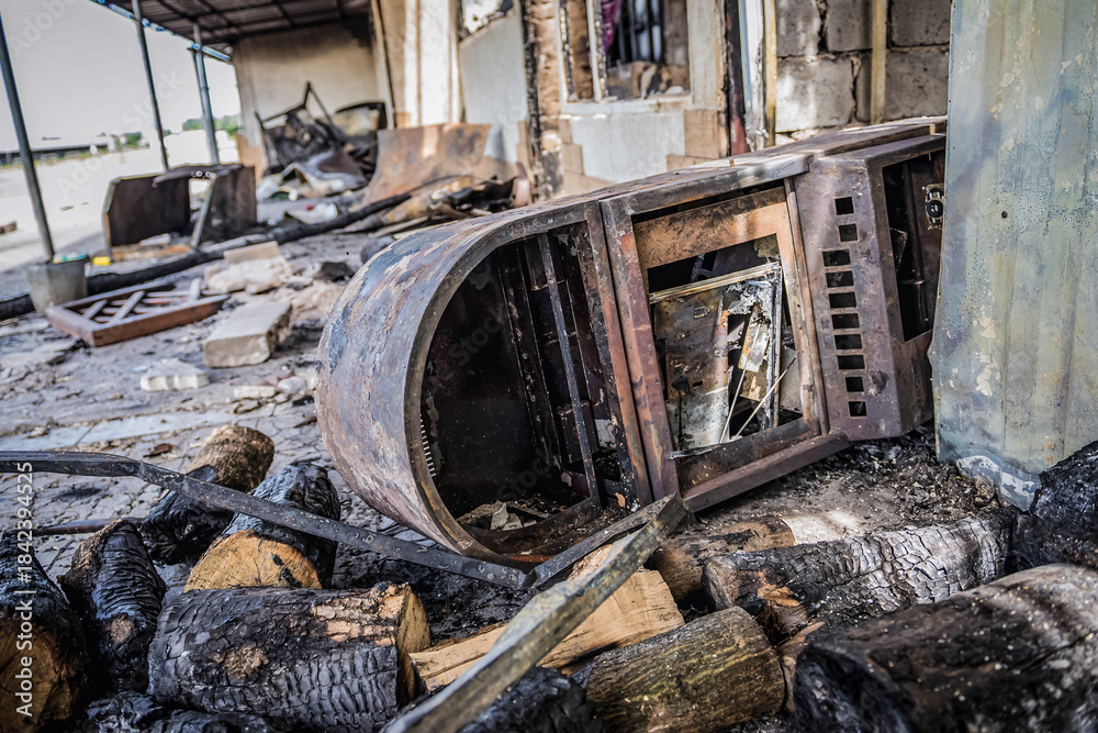 Obraz premium Destroyed arcade salon during Russo-Ukrainian War in Donbas region, Ukraine