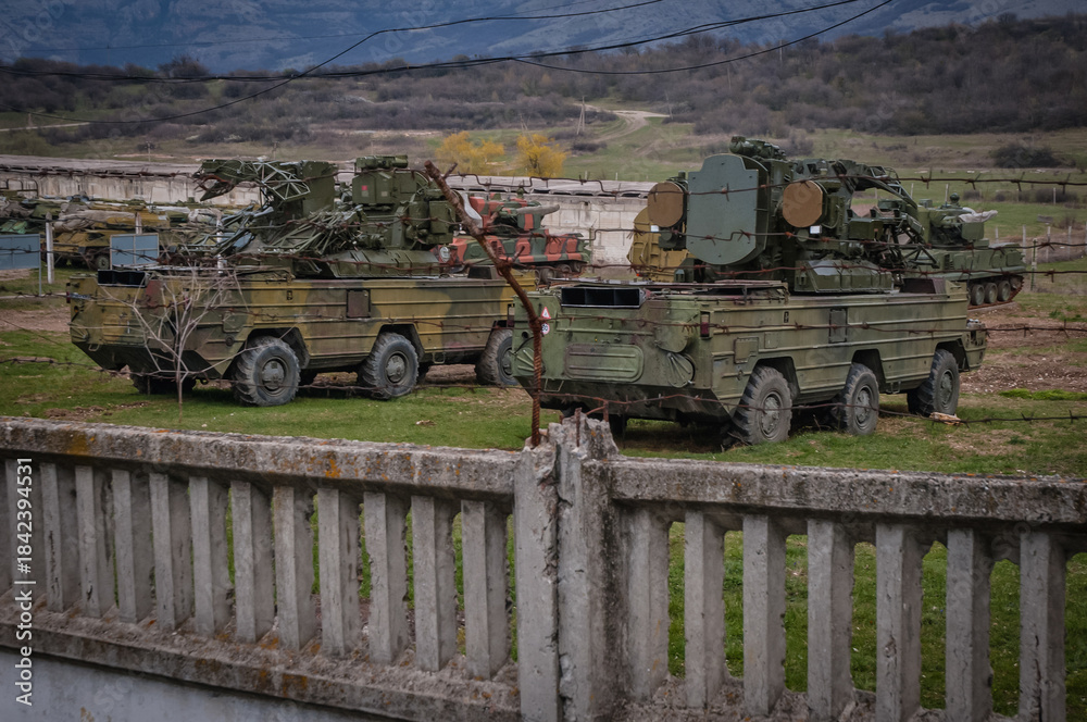 Obraz premium Military base of Ukrainian 36th separate machanized coastal infantry brigade taken by Russian during Crimea Crisis 2014 in Perevalne, Ukraine