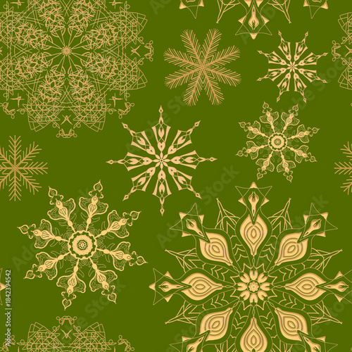 Seamless pattern. Green background with delicate snowflakes for decorations. Christmas and New Year. For printing and textiles.