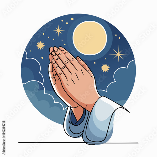 Continuous-line style vector of hands praying under moonlight