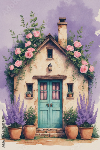 Watercolor illustration of a charming cottage with pink roses, turquoise door, and lavender plants. Whimsical home decor art.