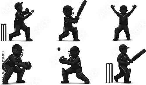 Six cricket player silhouettes isolated on transparent background