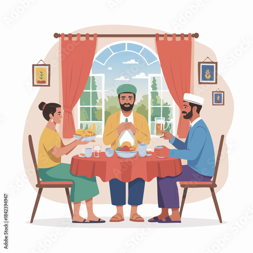 Flat sahur scene showing family having early breakfast