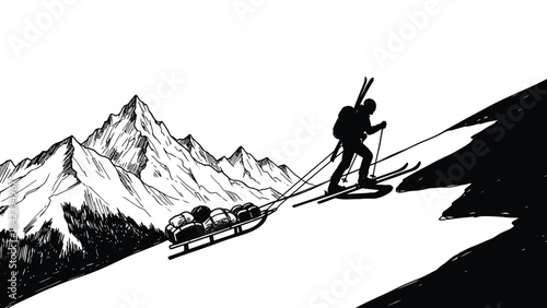 Silhouette of person skiing on snowy slope isolated on transparent background