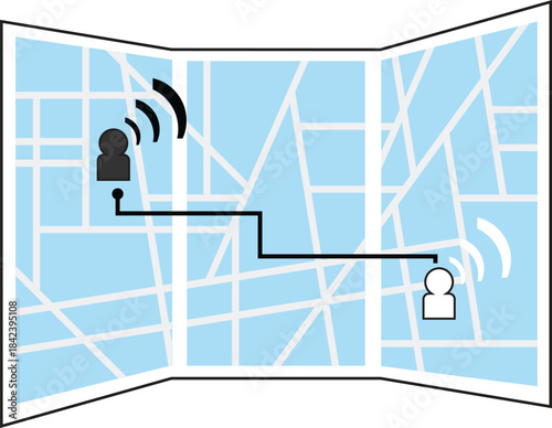 Simple and modern vector illustration of a folded city map showing a connection route between two user icons exchanging wireless signals.