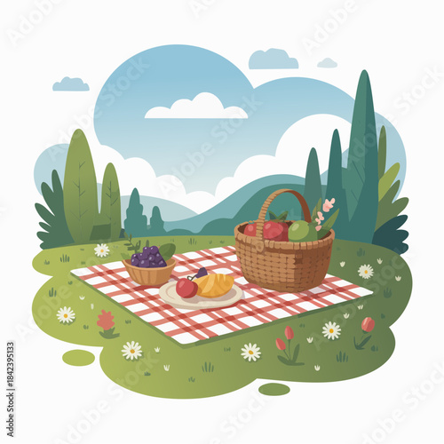Spring picnic scene with blanket, basket, fruits, and flowers.