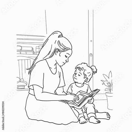 Emotional Black and White Vector Line Illustration Depicting Maternal Love – Mom with Long Ponytail Reading Aloud to Her Adorable Toddler Girl While Sitting on the Nursery Floor