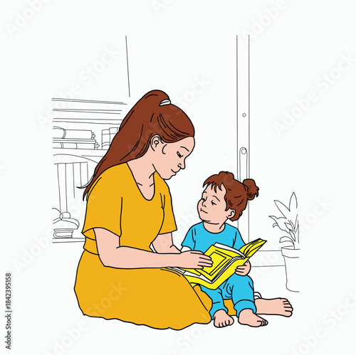 Tender Mother with Ponytail in Yellow Dress Sitting on the Floor Reading a Colorful Picture Book to Her Little Curly-Haired Daughter – Cozy Indoor Family Moment Line Art Illustration