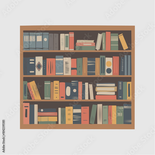 Vector bookshelf filled with colorful minimal books.