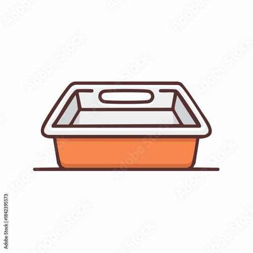 A stylized illustration of a simple orange and white rectangular container with handles, possibly for storage or a pet litter box