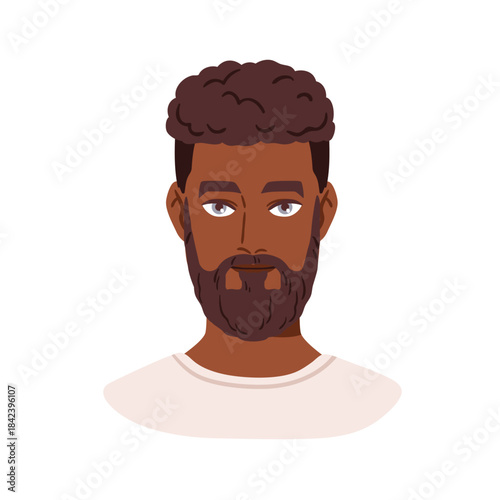 Black man, head avatar, portrait. Handsome young male character with short curly afro hair style, modern haircut, hairdo and beard, user profile. Flat vector illustration isolated on white background