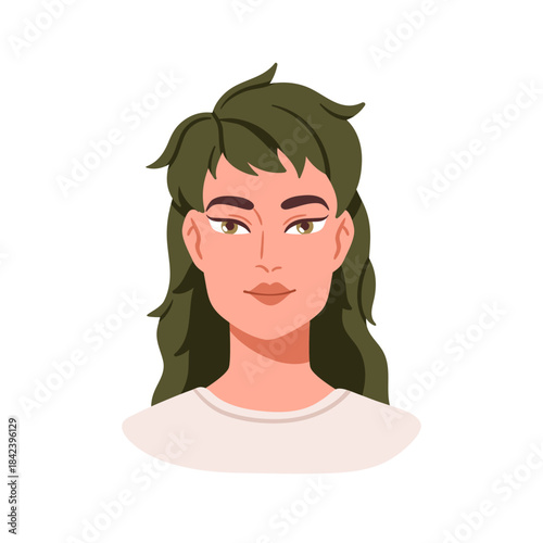 Modern female face avatar. Young woman with long layered hair cut, trendy hai...