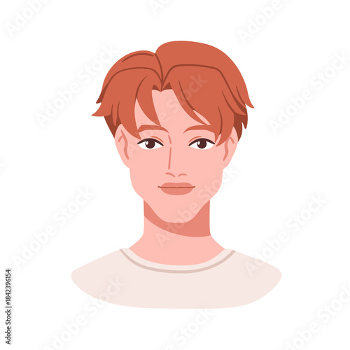 Young man, face avatar, head portrait. Handsome male character with curtain fringe hairstyle, trendy haircut. Modern person, user profile. Flat vector illustration isolated on white background