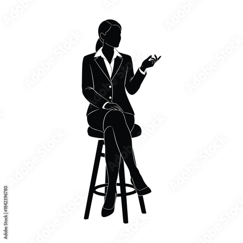 Vector silhouette of a professional businesswoman in a suit, sitting on a stool and gesturing, perfect for corporate communication, discussion, or interview concepts