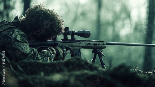 A soldier is meticulously aiming a high-powered sniper rifle through a dense forest, demonstrating precision and focus.