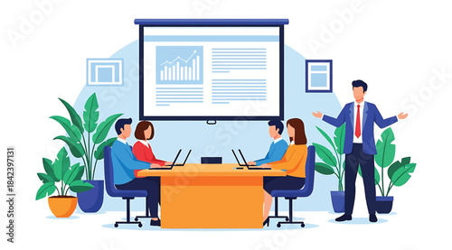 Professional Business Presentation and Team Collaboration in Modern Office — Group of Colleagues with Laptops Around Conference Table Engaged in Discussion with Projector Screen and Organized Workspac