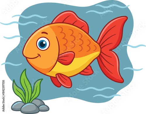 Cartoon orange and yellow fish with blue eyes, red fins, cheerful expression, underwater scene, aquatic plant, vector illustration