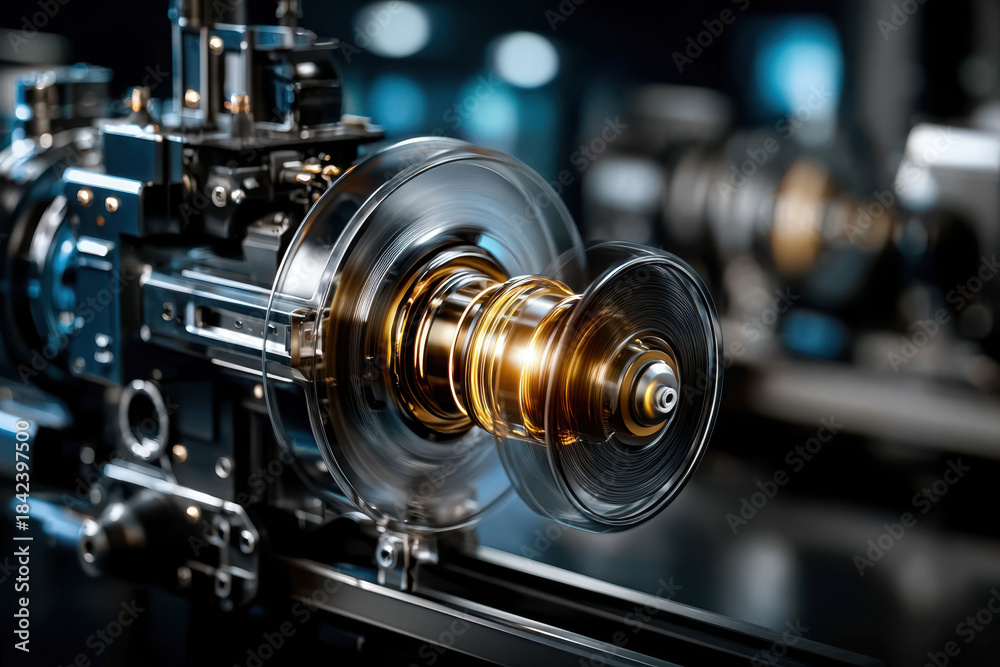 Naklejka premium Detailed close-up of a precision engineered turbine component in a modern workshop setting