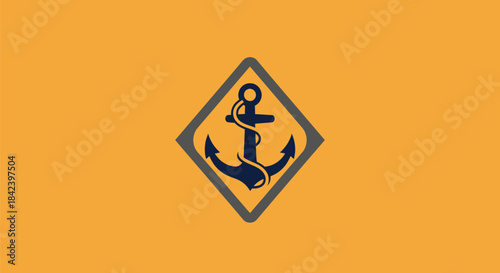 Navy anchor within a grey diamond on an orange background