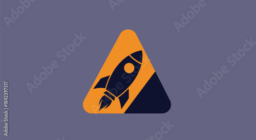 A rocket graphic, set in an orange triangle with a dark blue portion, on a grey background