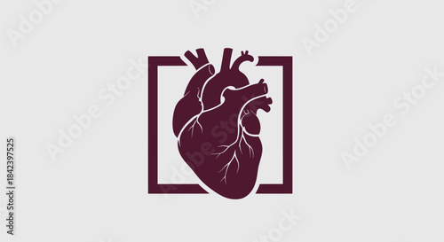 A maroon stylized human heart illustration inside a dark maroon square on a light gray background