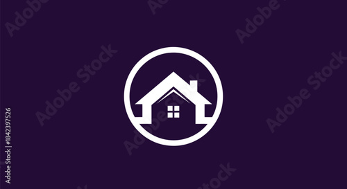 A house icon within a circle on a dark purple background, simple, clean design
