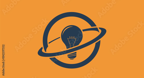 Dark blue lightbulb within rings on a golden background, representing ideas