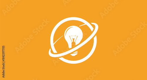 White lightbulb encircled by two rings on an orange background, representing ideas