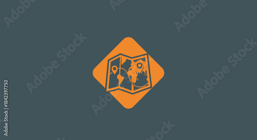An orange map icon sits on a gray background, a folded map showing destinations