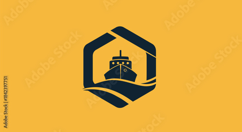 A stylized ship icon inside a hexagon with waves, set against a yellow background