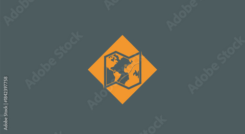 A stylized world map within an orange diamond, centered on a gray background