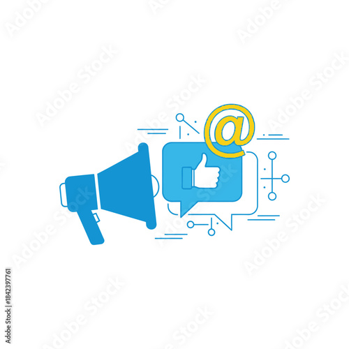 Digital Marketing Campaign with Megaphone, Like Icon, and At Symbol.