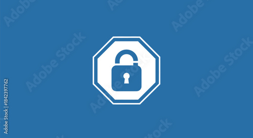 A blue padlock icon inside a white octagon against a blue background, conveying security