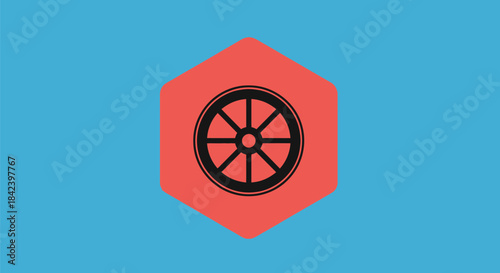 A stylized black wheel with spokes is centered in a red hexagon on a blue background