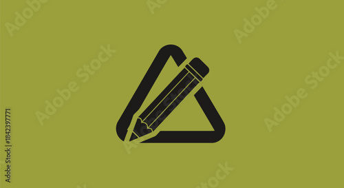 A black pencil design, tilted within a triangle, against a soft green-yellow background