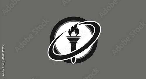 A white torch with flames, stylized with orbits and circles, on a gray background