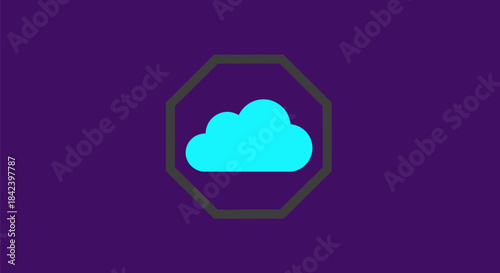A cyan cloud within a dark grey octagon set against a deep purple background