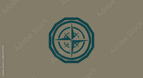 Teal compass rose inside a polygon on a grey-brown background