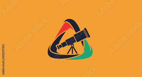 Abstract logo Telescope within a stylized triangle, accented with red and green on an orange background