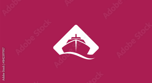 White stylized ship within a diamond shape, set against a magenta background