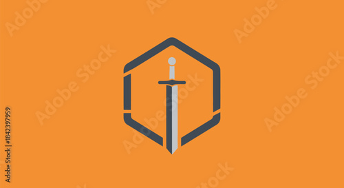 A geometric sword emblem inside a shield-like hexagon on a vibrant orange background