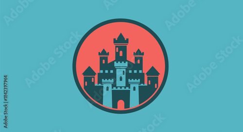 A teal background with a castle silhouette in a red circle, inside a black-lined circle