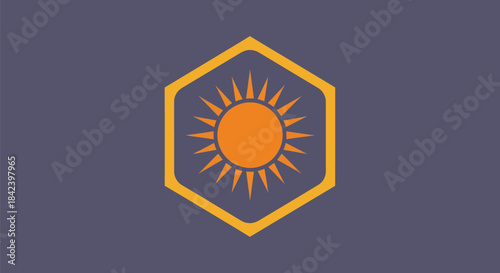 A sun design with a radiant sun inside a yellow hexagon on a grey background
