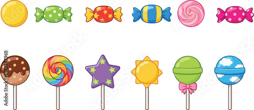 Colorful cartoon candies and lollipops with cute faces, swirls, stars, bows, chocolate dip, playful sweets, vector illustration