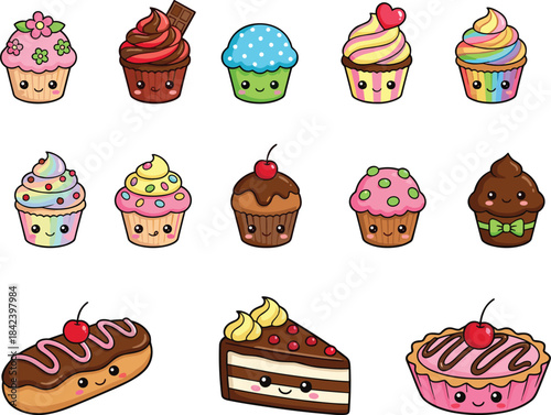 Cute cartoon desserts with smiling faces, cupcakes, cake slices, eclair, tart, colorful decorations, playful sweets, vector illustration