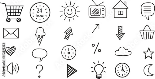 Hand dwawn Collection of various icons representing daily life activities