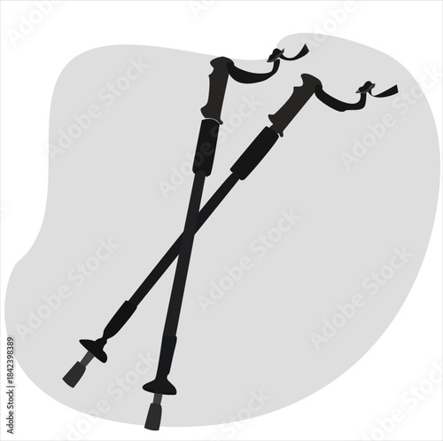 hiking stick. Trekking poles, hiking sticks. Adventure, active travel equipment. Mountaineering touristic gear, walking staffs pair.